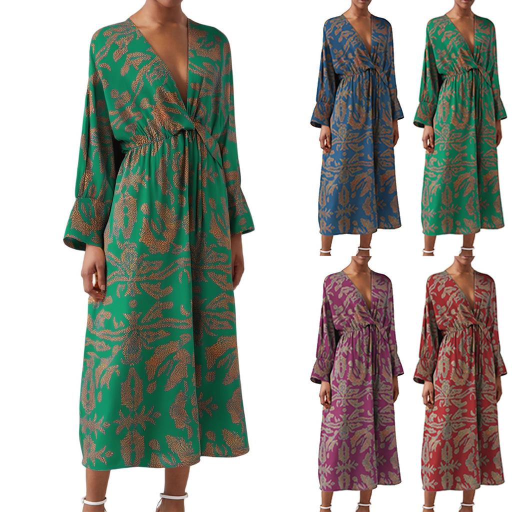 Ladies' Loose Comfortable Fashionable Casual Floral Print Long Sleeved Long Dress V-neck Dress