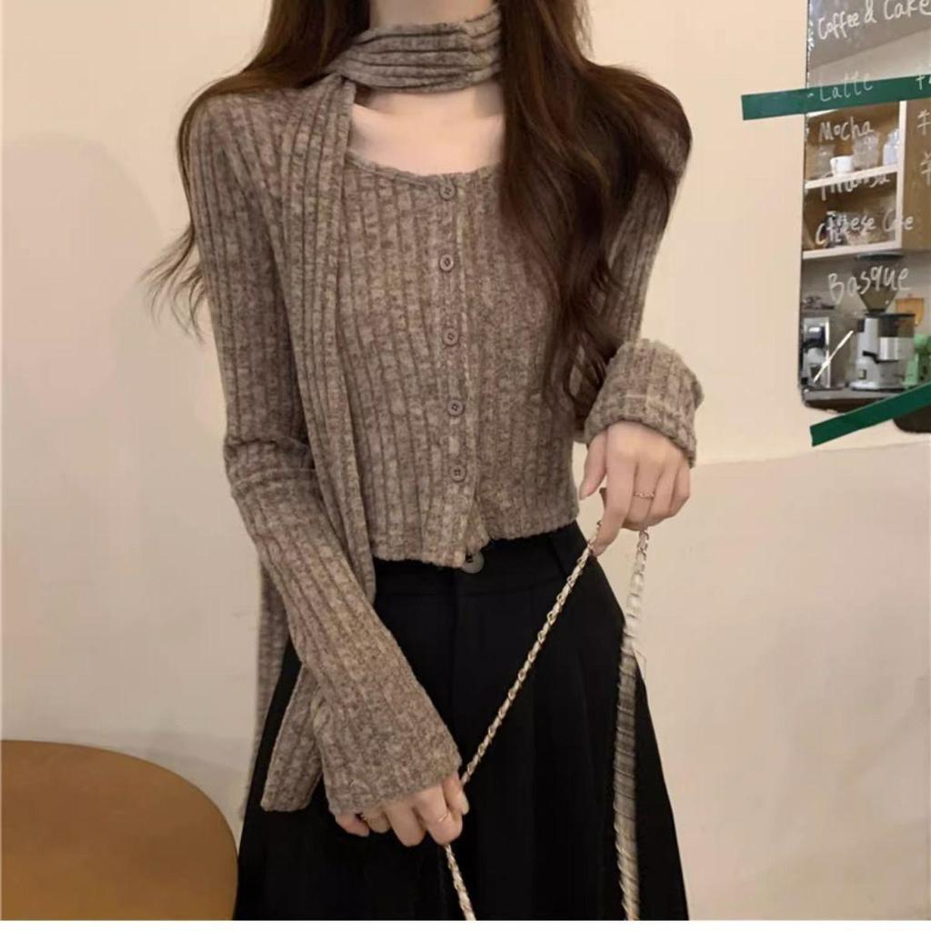 Короткий кардиган французской вязки: Утягивающий, модный длинный рукав с шарфом и квадратным воротником