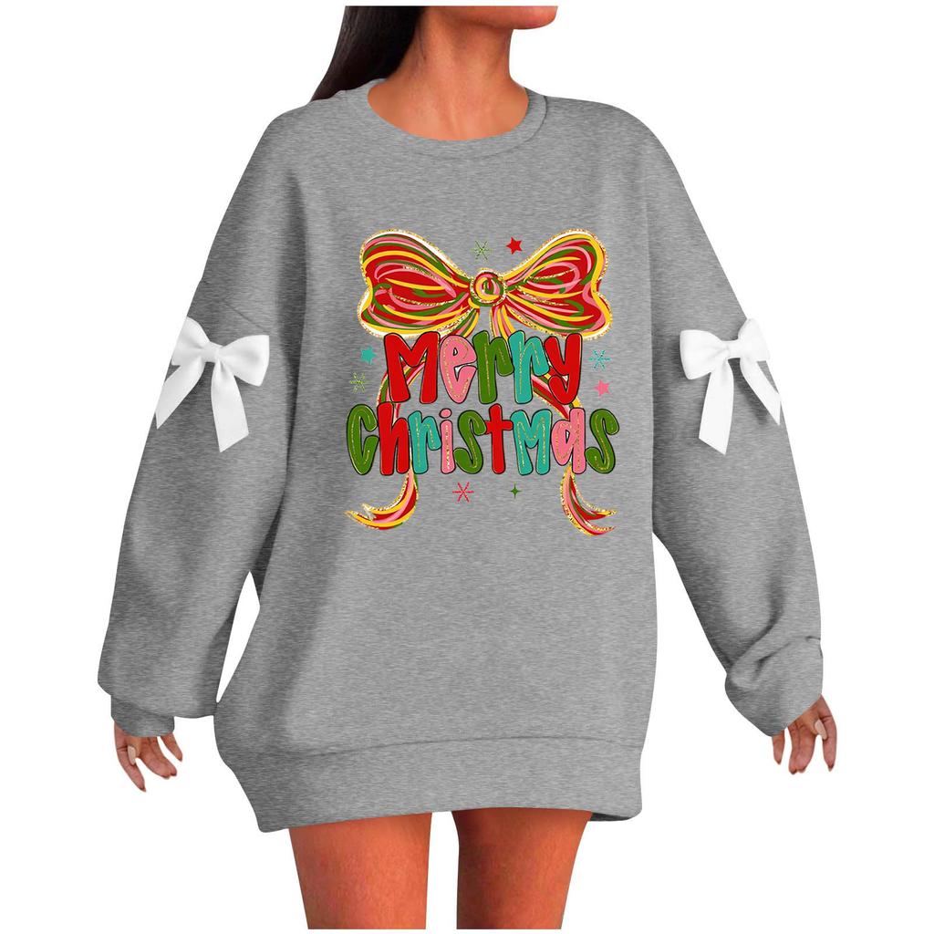 Ladies' Christmas Printed Bow Round Neck Long Sleeved Loose Pullover Sweater Sweatshirt Top