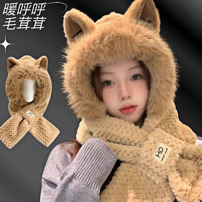 Hat Cute Winter Fox Ears Scarf Thickened Integrated Scarf Plush Winter Warm Ear Protection Autumn and Winter