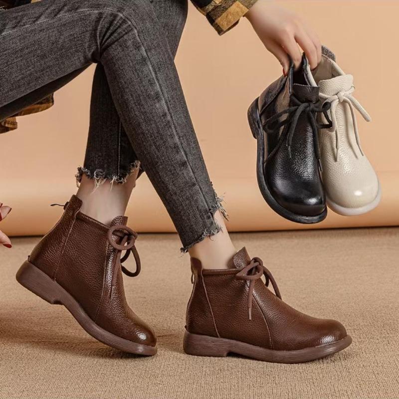 Натуральная кожа Удобные плоские короткие ботинки Мягкая поверхность Мягкая подошва Удобные Универсальные женские кожаные ботинки Воловья кожа Нескользящие ботинки 35-41