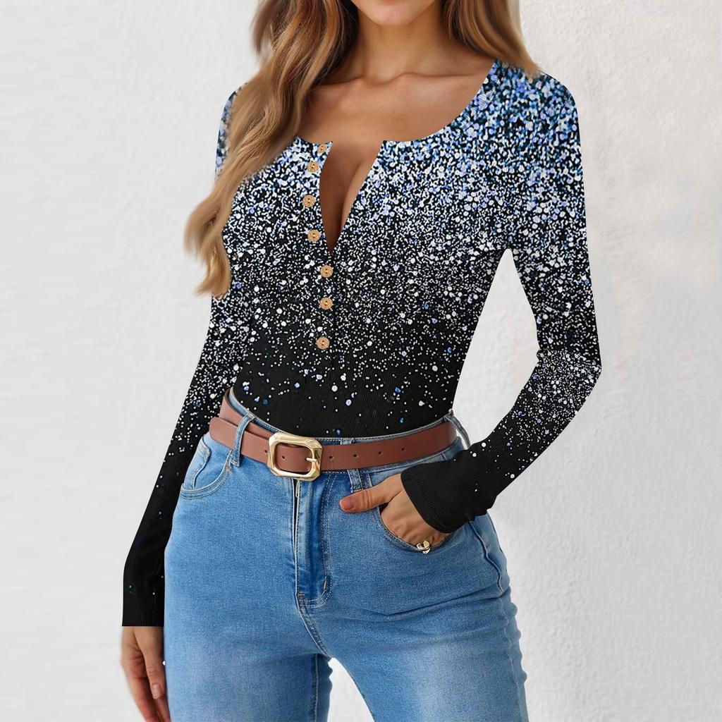 Women's Slim Bottom T-shirt Fashion Casual Gradient Printing Round Neck Pullover Long Sleeve Top