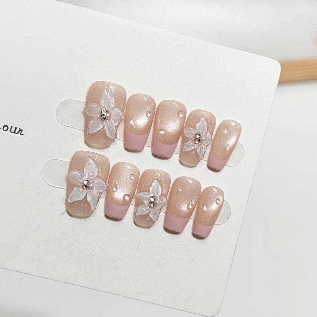 Hand-woven Armor High-end Pure French Light Bulb Cat Eye Fake Nail Patch Removable