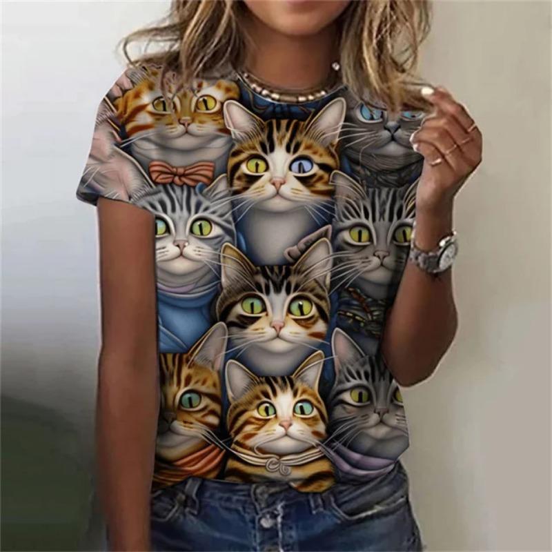 Модная женская футболка с 3D принтом Kawaii Cat Pattern, топ с короткими рукавами и круглым вырезом, летняя уличная повседневная уличная простая одежда