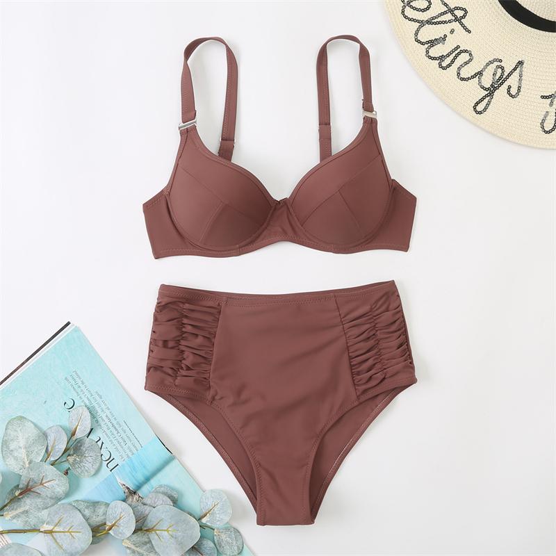 Купальники с эффектом пуш-ап, женский купальник, бикини с высокой талией, однотонный комплект бикини, сексуальный комплект бикини, женский купальный костюм, купальный костюм, пляжная одежда