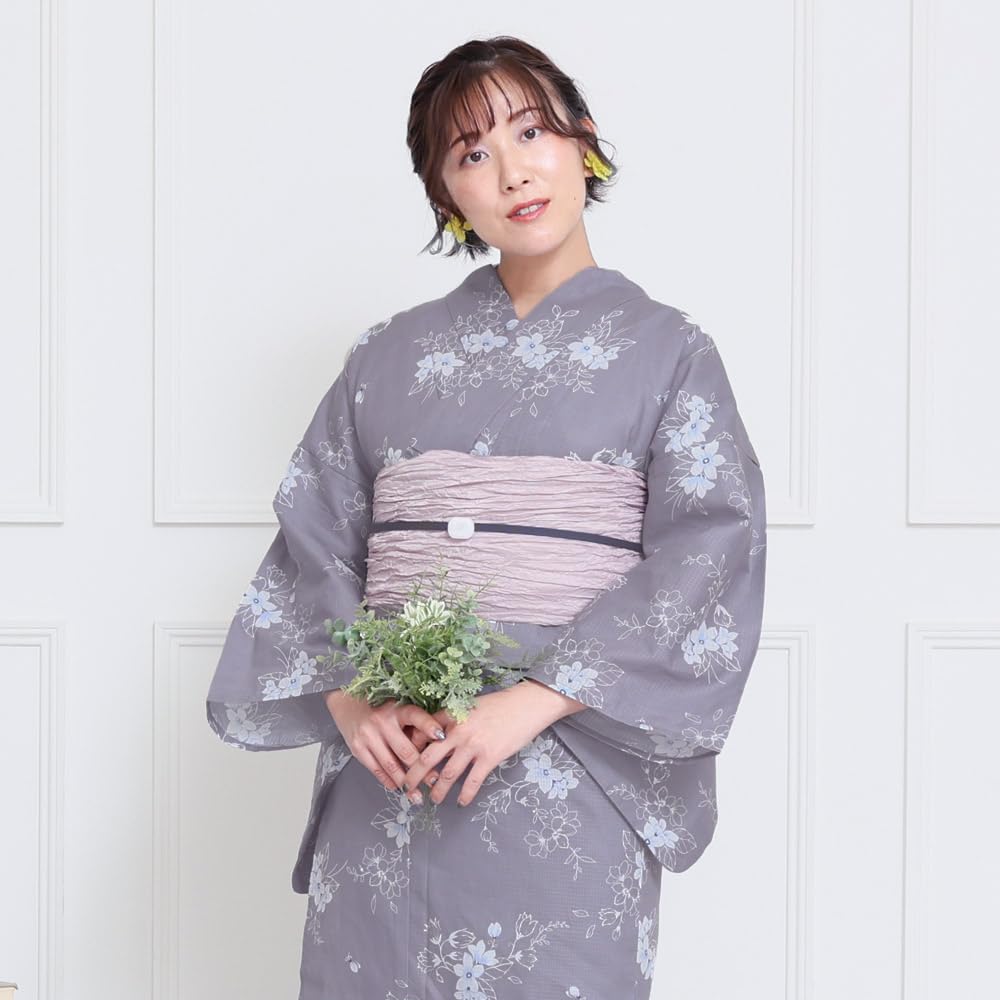 Kimono Yukata Set Heiko Obi 2 Piece Set Dull Color Beige Light Blue Floral Pattern Yukata Cotton Red Plum [Kyoto Yuzen] Women's (Dull Gray)