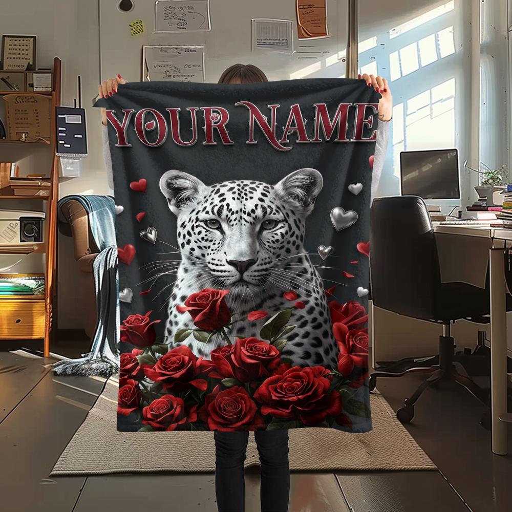 1PC Custom Name Galactic Leopard Majesty Patterned Flannel Blanket Suitable For All Seasons for Home Decor Warmth and Comfort Gifts Holiday Present_lx
