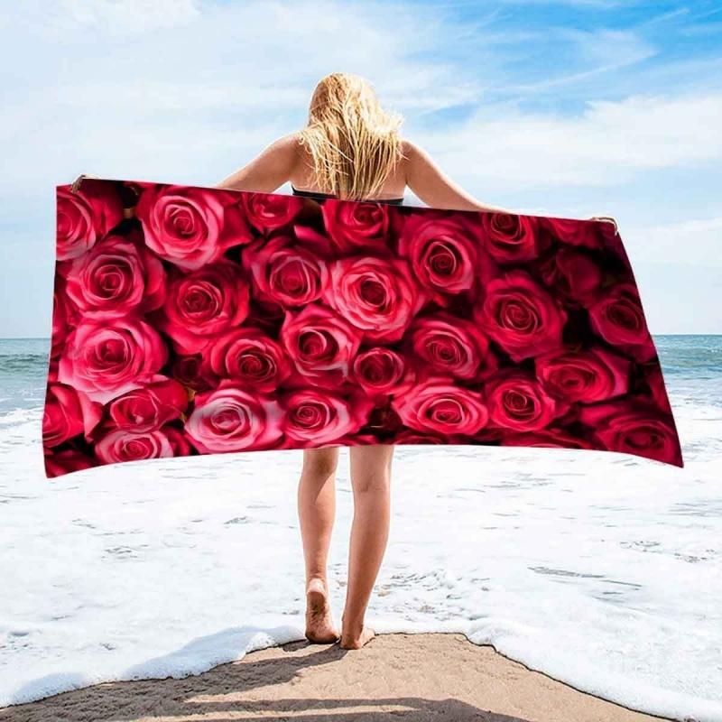 Vibrant Red Rose Beach Towel Romantic Floral Print Quick Dry Soft Absorbent Towel for Valentine Beach Trip