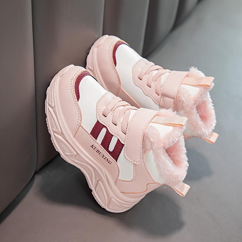 Kids Mid Top Casual Sneakers Faux Fur Trim Solid Color Fabric Upper Lining Insole PVC Sole Magic Tape Closure Boys Girls Aged Under