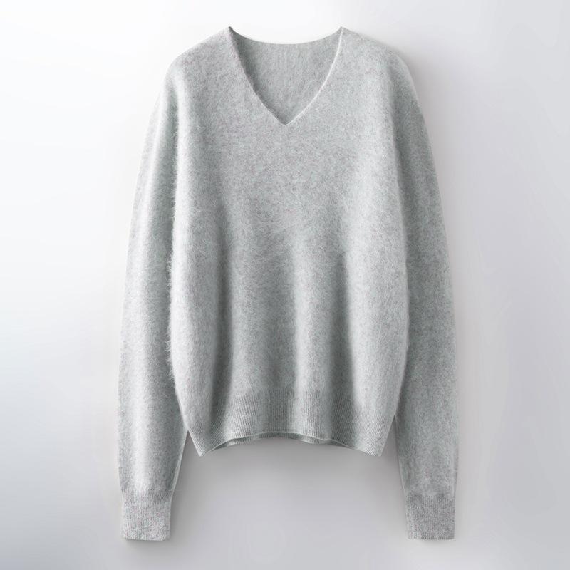 Women's Brushed Wool V-Neck Long-Sleeve Sweater: Autumn/Winter Loose Slimming Knitted Pullover Top