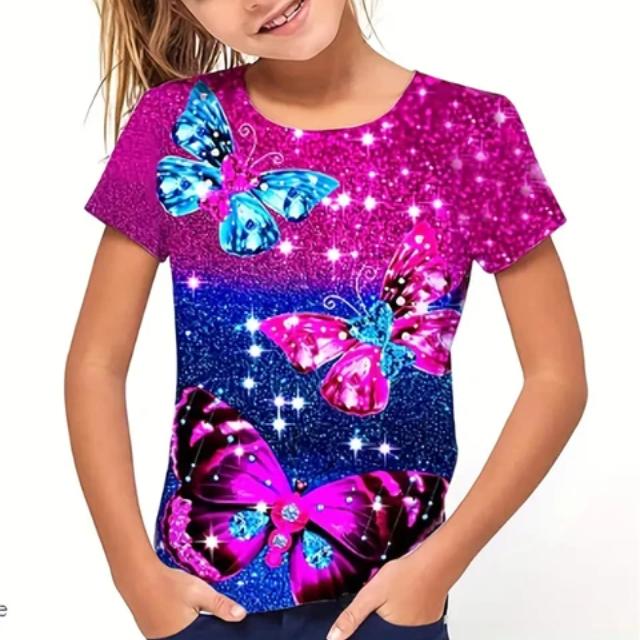 Детская футболка с подсветкой и бабочкой для подростков, Повседневная футболка с 3D принтом для девочек, новинка, футболка с короткими рукавами, праздничный костюм, повседневная одежда, топы, одежда