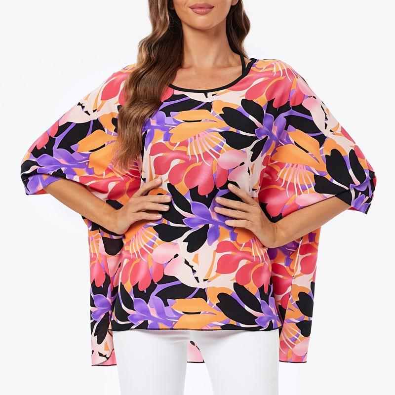 Шифоновые туники больших размеров с цветочным принтом, блузки для женщин, летние рубашки в стиле «летучая мышь» в стиле бохо, пляжные накидки