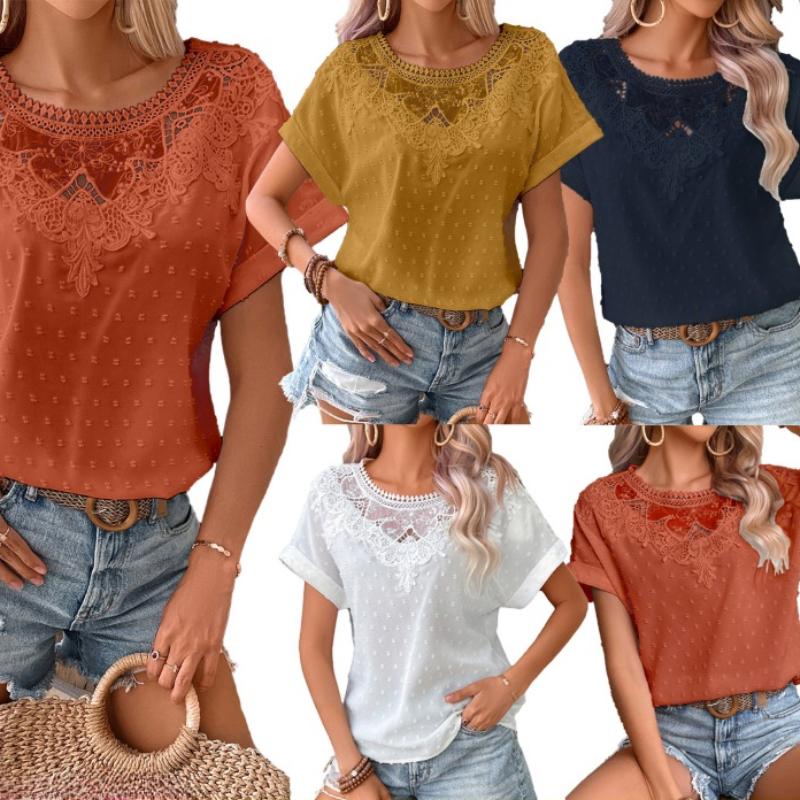 Женская кружевная футболка с короткими рукавами, свободный, легко сочетающийся, универсальный топ