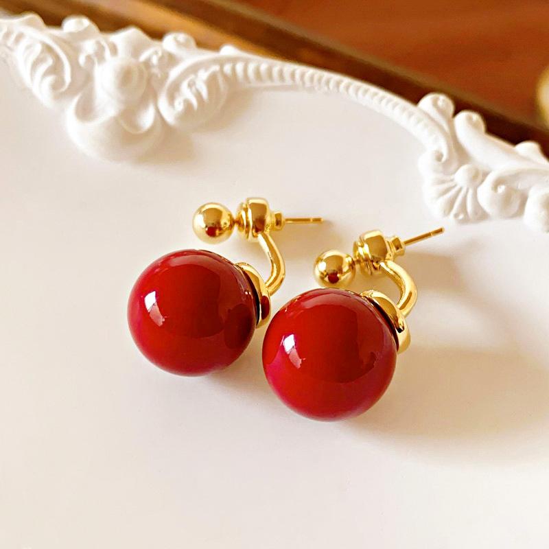 Silver needle zircon flower pearl earrings New Year's light luxury high-end stud earrings retro temperament red earrings women