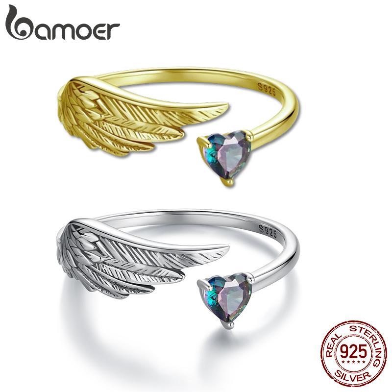 BAMOER Genuine 925 Sterling Silver Wing Heart Open Ring for Women Protection Finger Ring Fine Jewelry Birthday Gift SCR1070-E