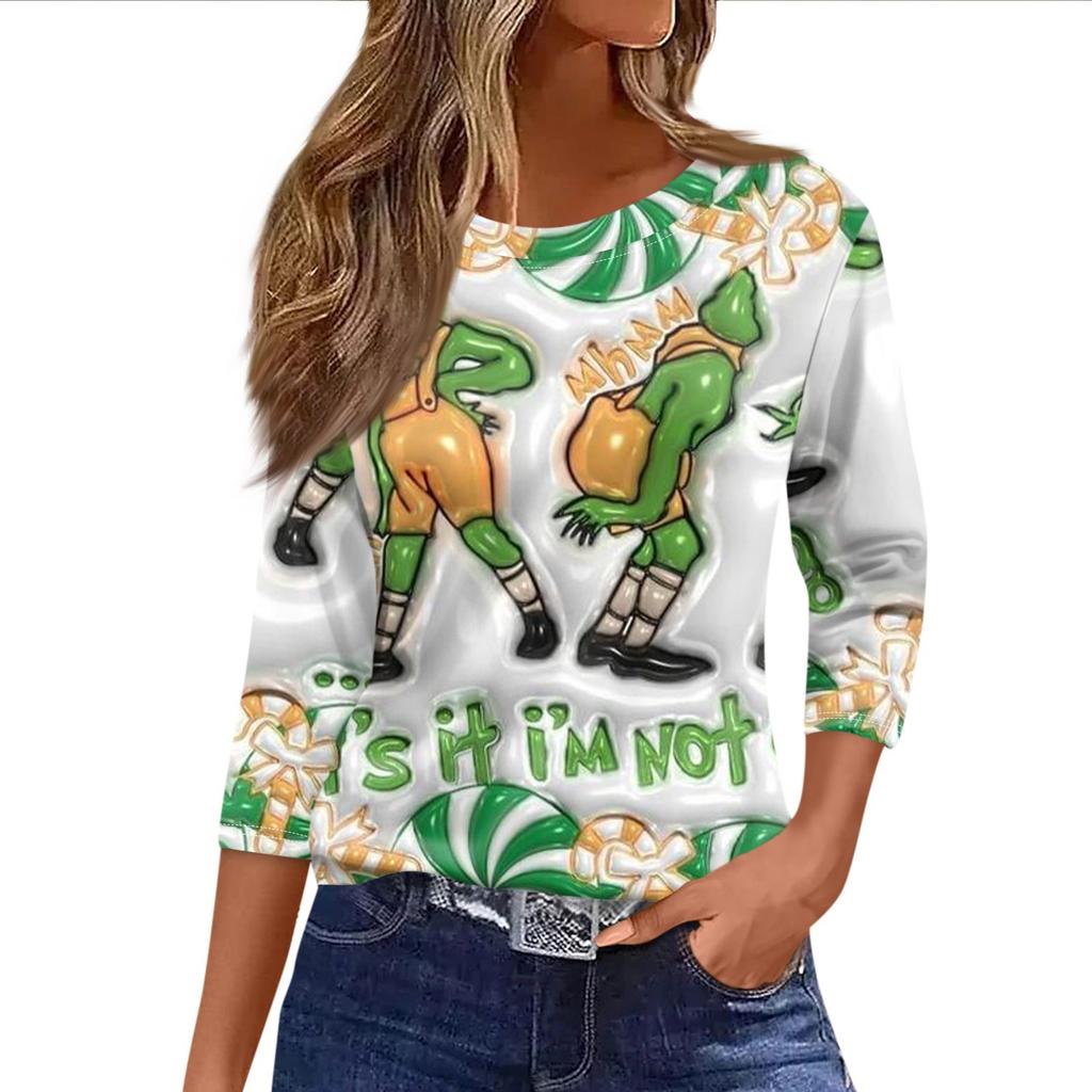 Women's Fashionable Casual Three Quarter Sleeve Christmas Printed Round Neck Top