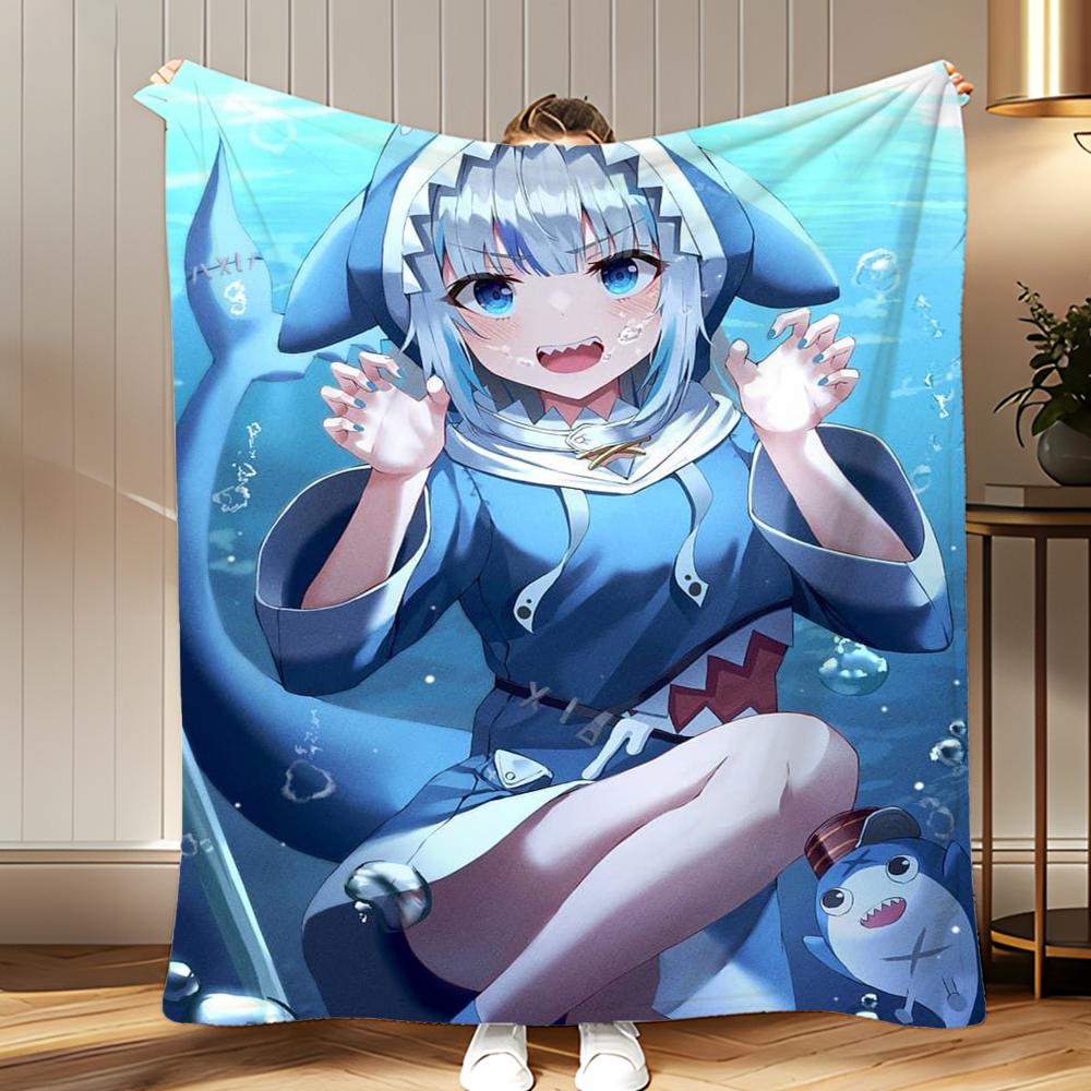 vtuber Gawr Gura Throw Soft Coral Fleece Blanket 310gsm Fluffy Warm Throw for Sofa Bed Couch Bedroom Decor