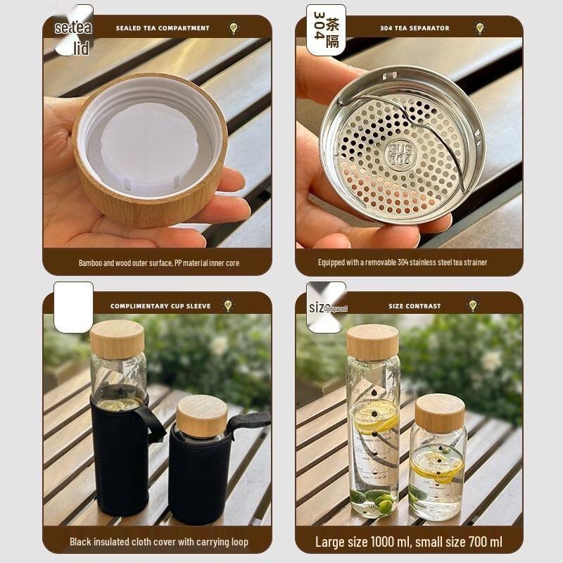 700ML Portable Glass Water Bottle with Time Markers & Tea Infuser