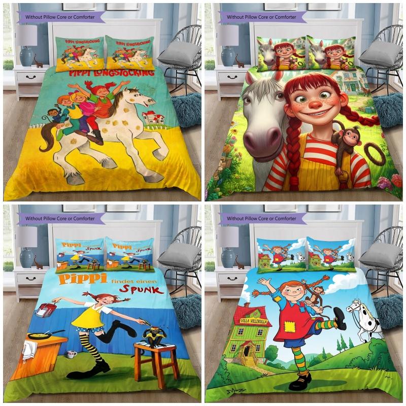 Pippi Longstocking Bedding Set 3 Pieces Duvet Cover and Pillowcases, Kids Bedroom Decor Soft Bed Linen, No Comforter