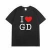 Лето 2026 Новая футболка с принтом I LOVE GD, плоская, 100% хлопок, короткий рукав, повседневная, с принтом букв, памятная футболка с мерчем концерта