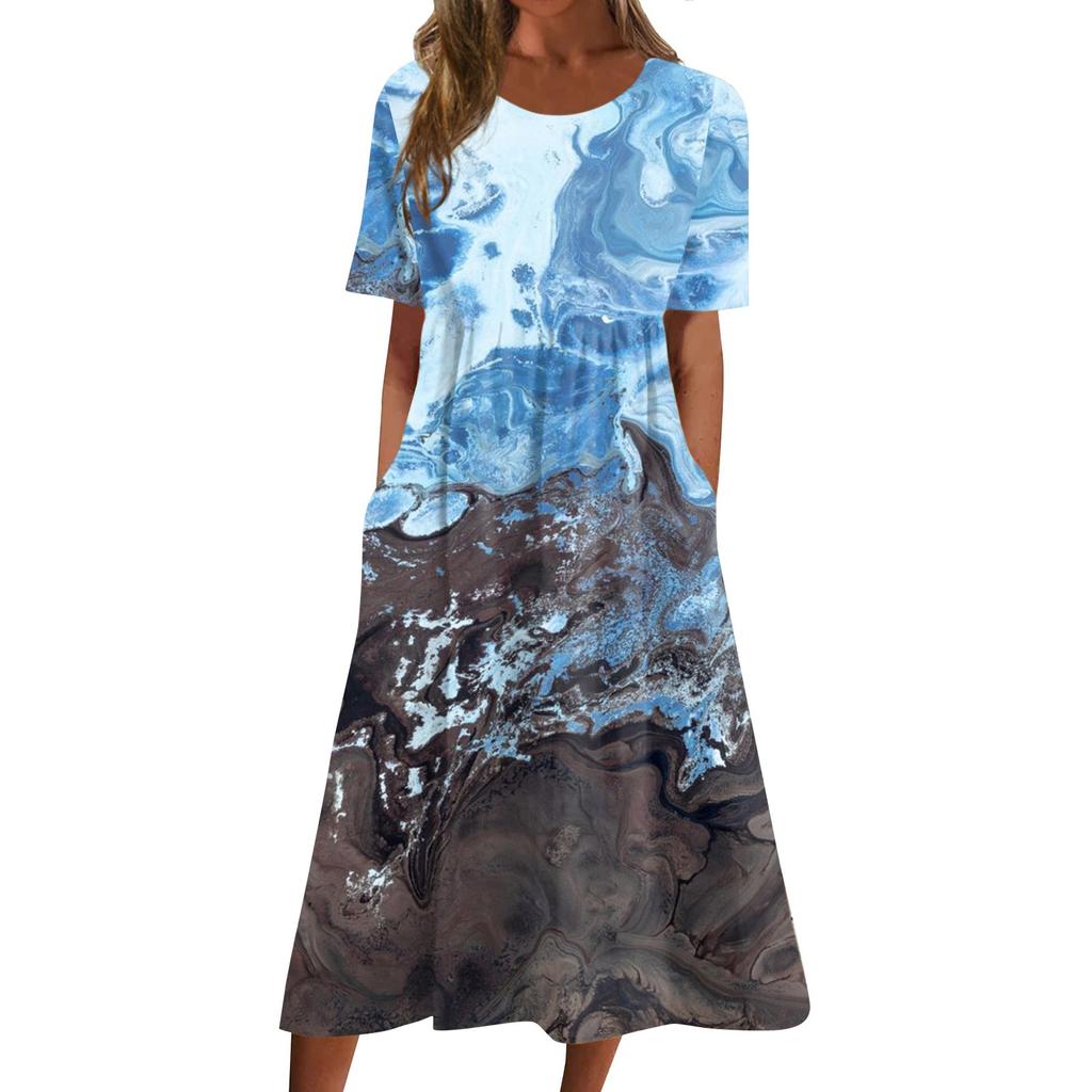 Жен. Повседневные платья Платья с принтами Летние платья С принтами Плиссированные платья-миди с круглым вырезом Классический Классический На открытом воздухе Повседневные С короткими рукавами Свободные платья