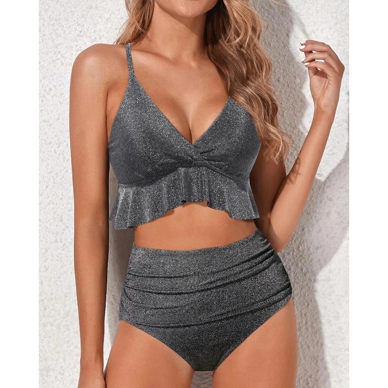 Купальник бикини с высокой талией, однотонный, раздельный дизайн, отделка краем в виде листьев, китайский бренд, модный женский купальник