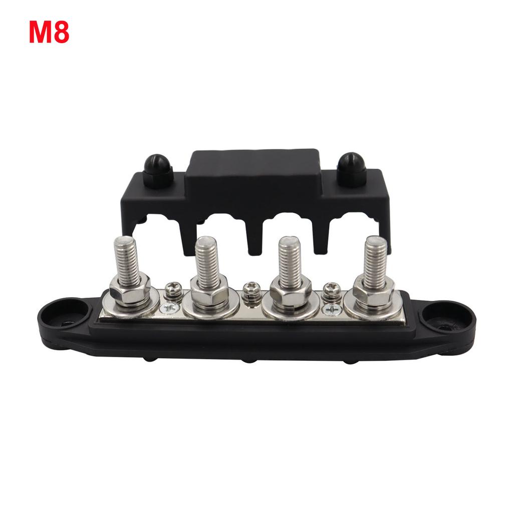 12V Power Distribution Block 250A Bus Bar Terminal Block with Cover 4 X 3/8" Terminal Studs 3 X #8 Terminal Screw 48VDC 300VAC
