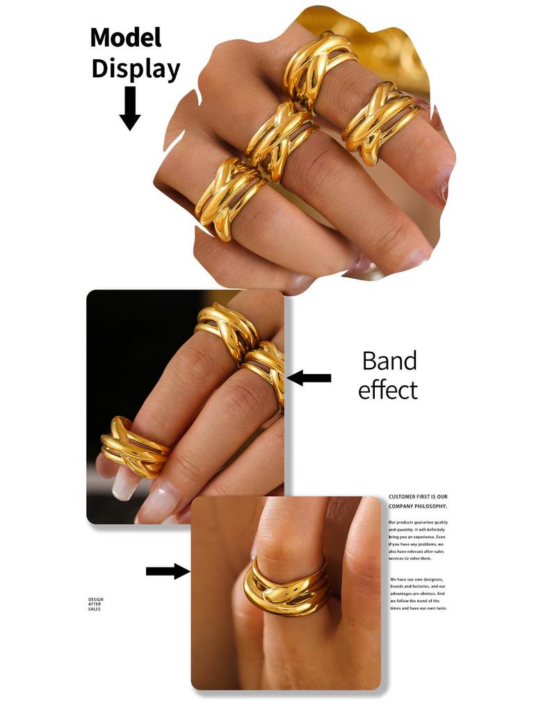 Геометрическое многослойное кольцо из титановой стали с позолотой 18 карат