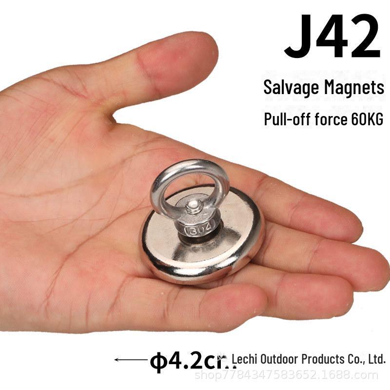 Мощный магнитный спасательный магнит J48 с магнитом NdFeB, основанием с присоской и подъемным кольцом для надежного удержания и фиксации.