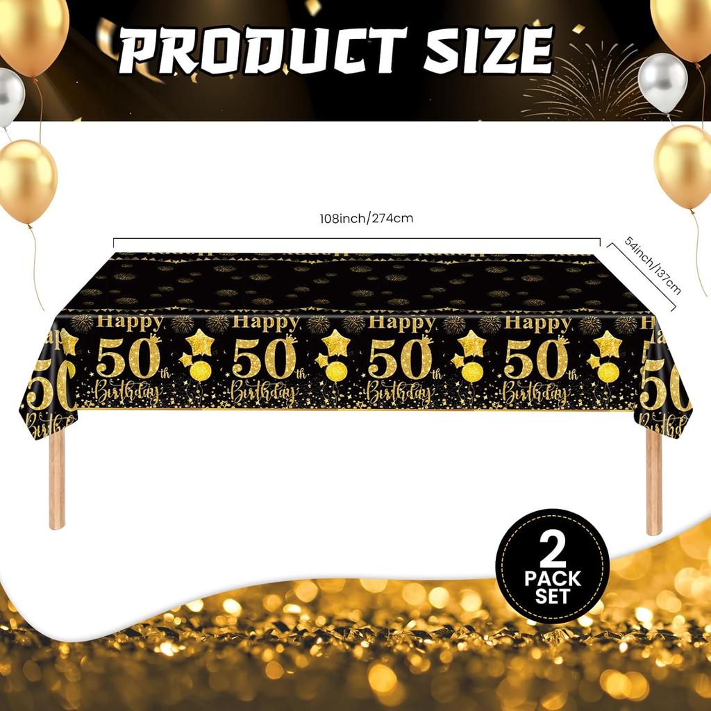 50th Black Gold Birthday Tablecloths Plastic Disposable 2 Pack Table Cloth Happy Party Birthdays Decorations Rectangular Table Cover 54"x108"