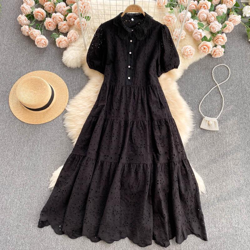 New Elegant Hollow Out Embroidered Polo Bubble Sleeves Loose Bohemian Vacation Dress Womecasual Dresses for Women
