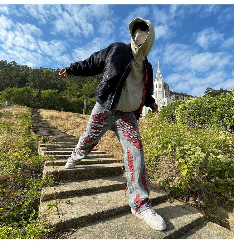 Hip-Hop Ripped Embroidered Jeans - Loose Fit, Trendy Niche Design