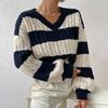 Women Knitted Sweater V-Neck Long Sleeve Crop Pullover Jumper Patchwork Color Twist