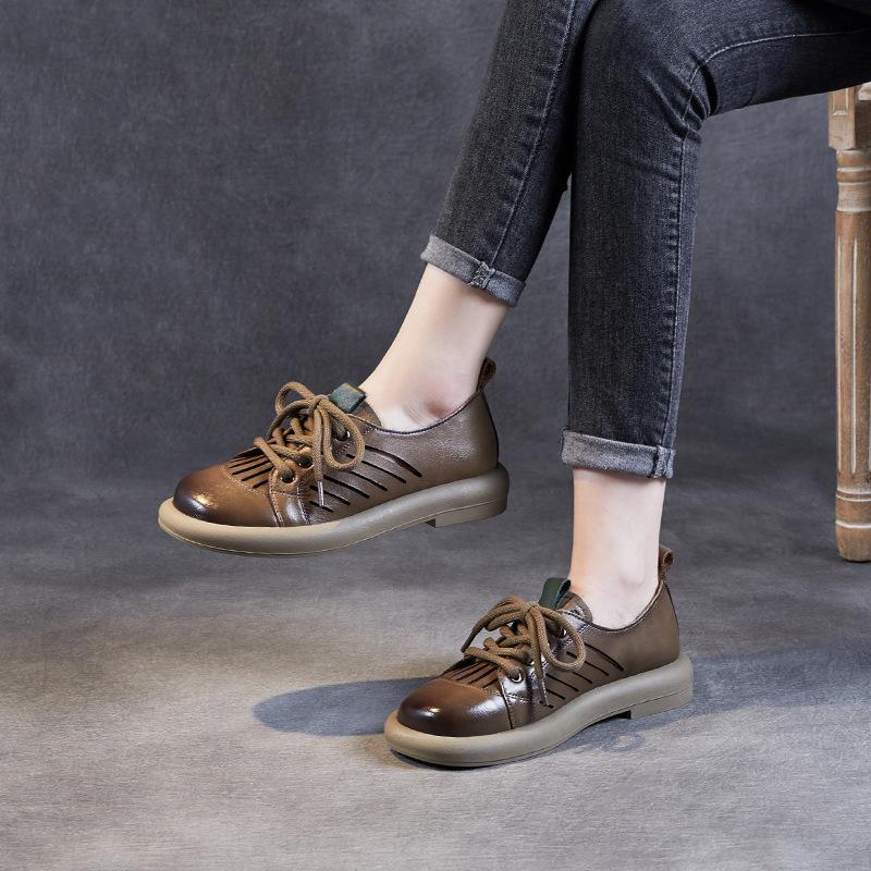 Модные винтажные коричневые туфли из коровьей кожи на плоской подошве для женщин, ажурные дышащие женские туфли, летние женские туфли, мягкие и полезные для здоровья