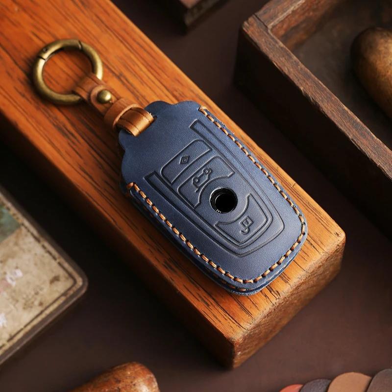 Genuine Leather Key Case for BMW 3 5 7 Series X1 X3 X5 X6, Full Cover Fob Protector with Metal Keychain, F20 F30 F10 Compatible msvc59