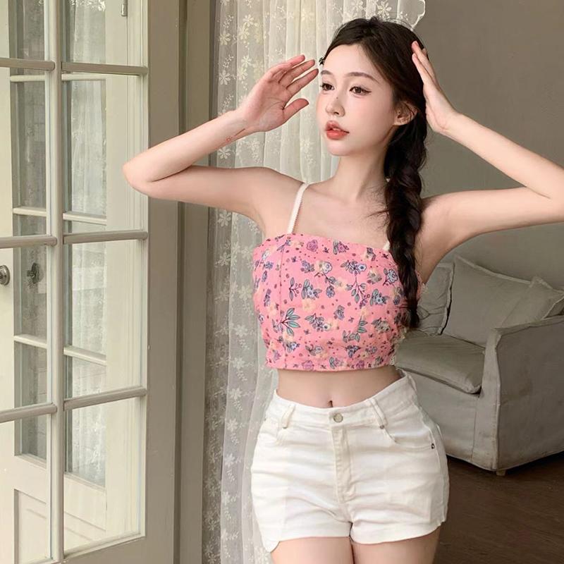 Милый женский укороченный топ на бретельках с цветочным принтом, тонкий уличный стиль