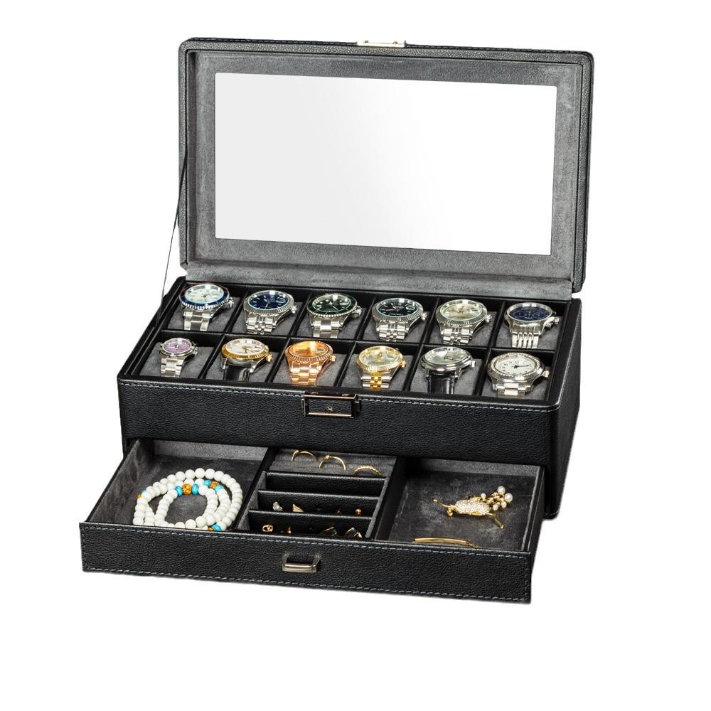 Коробка для хранения часов и очков из ПУ кожи с зернистой текстурой личи с несколькими отделениями