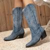Womens Mid-tube Boot 2024 Autumn Selling New Women Pointed Chelsea Boots Embroidery Totem Design Thick Heel Western Cowboy Boots