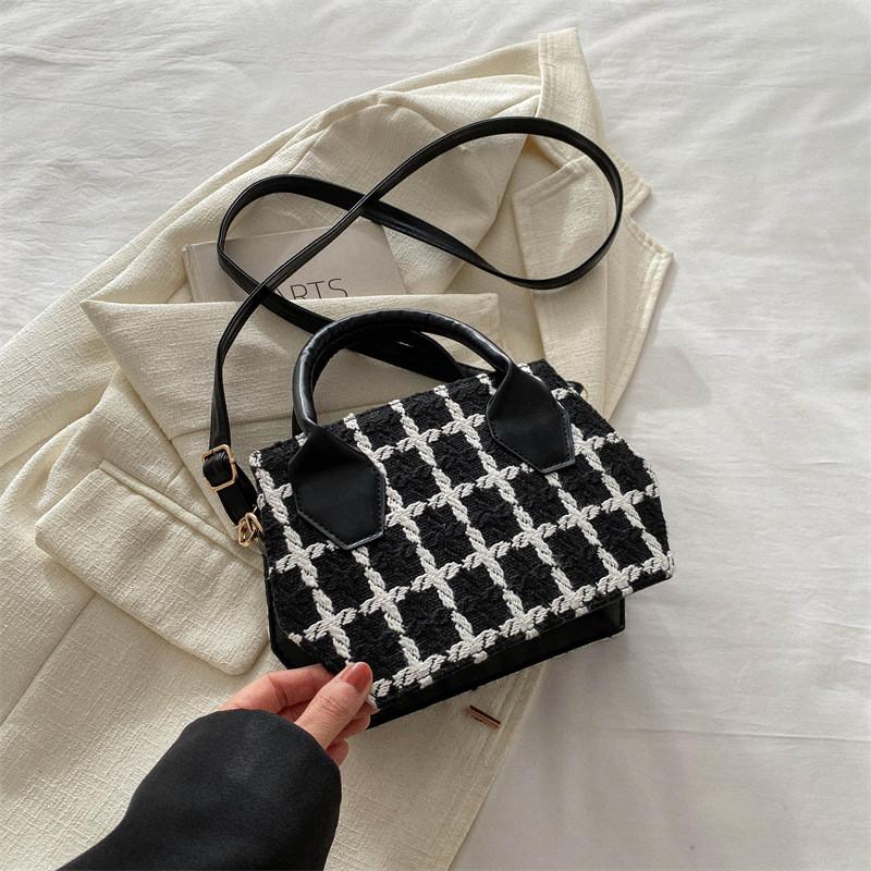 Trendy Fashionable Small Square Shoulder Bag In Black White And Plaid For Everyday Use