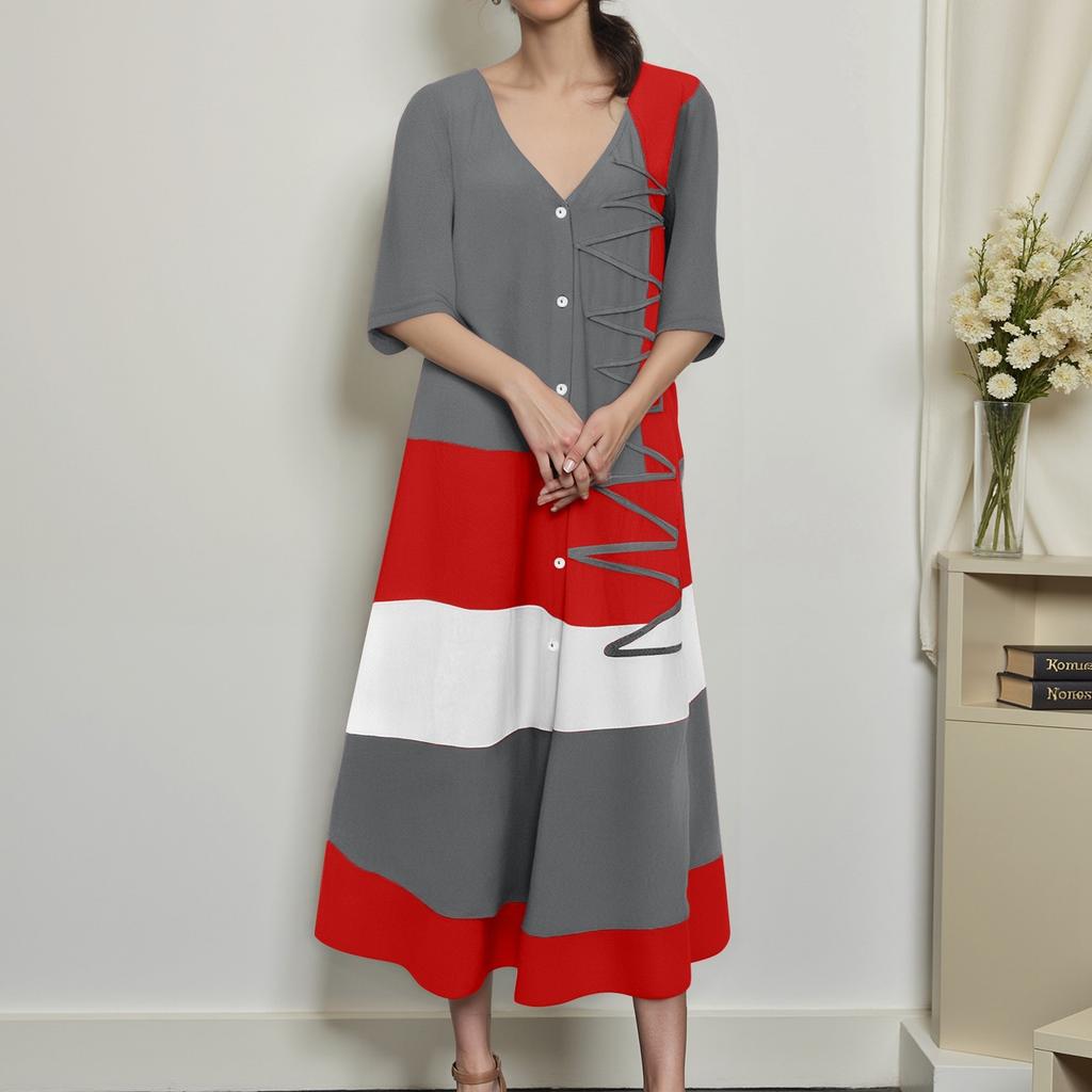 Женское модное платье с V-образным вырезом, короткими рукавами, пуговицами, повседневное, с принтом, длинное