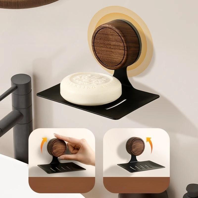 Nordic Style No Need To Drill Holes Wall-mounted Walnut Wood Soap Dish Suction Cup Soap Box Bathroom Toilet Draining Soap Rack