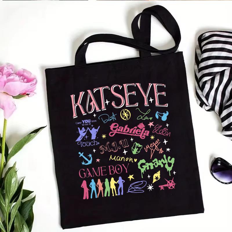 Katseye Kpop Merch Canvas Tote Bag Shoulder Handbag Shopping Bag Large Capacity Eco Friendly Fan Gift White