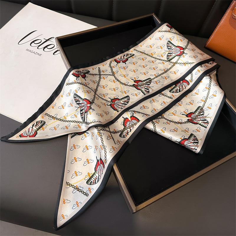 Women Luxury Design Silk Scarf Satin Hair Hairband Tie Neck Scarf Narrow Slanted Ribbon Neckerchief For Wedding Occupation