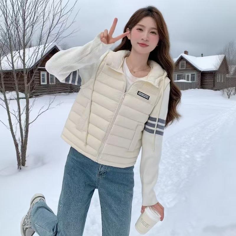 Маленький пуховик класса люкс, зимний, новый дизайн, модный, с трикотажной вставкой, легкий и тонкий, короткий, с капюшоном