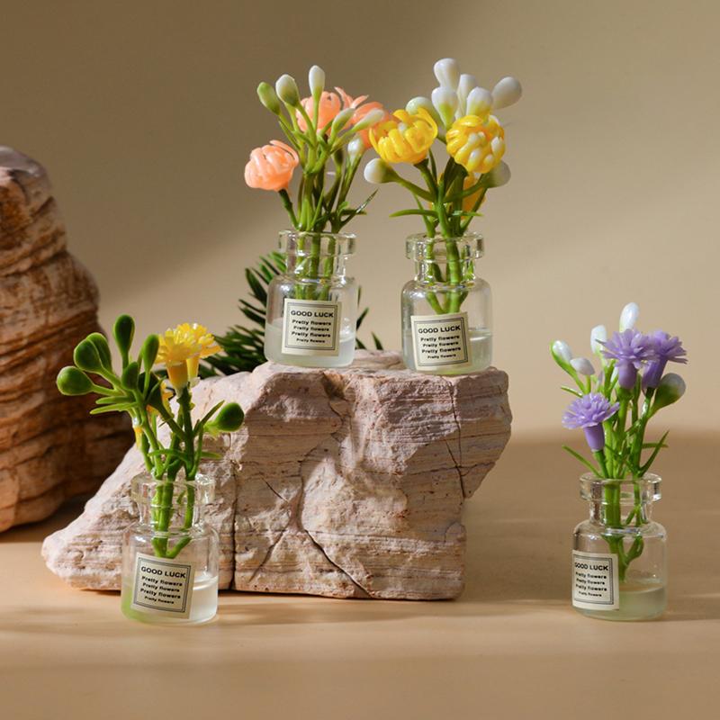 2pcs Mini Flower Vase Dollhouse Accessories Simulation Pink Rose White Jasmine Mini Floral Arrangement Miniature Model