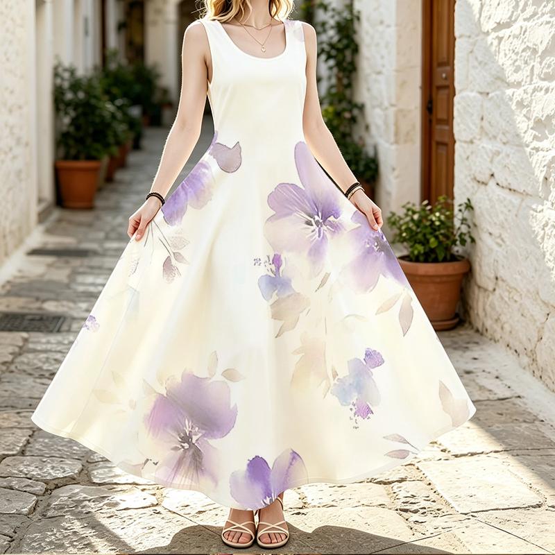 Sleeveless Maxi Dress,Women U Neck Sundress,Lavender Watercolor Flower Print,Relax A Line Cut,Summer Holiday Outfit,Lightweight Long Beach Gown