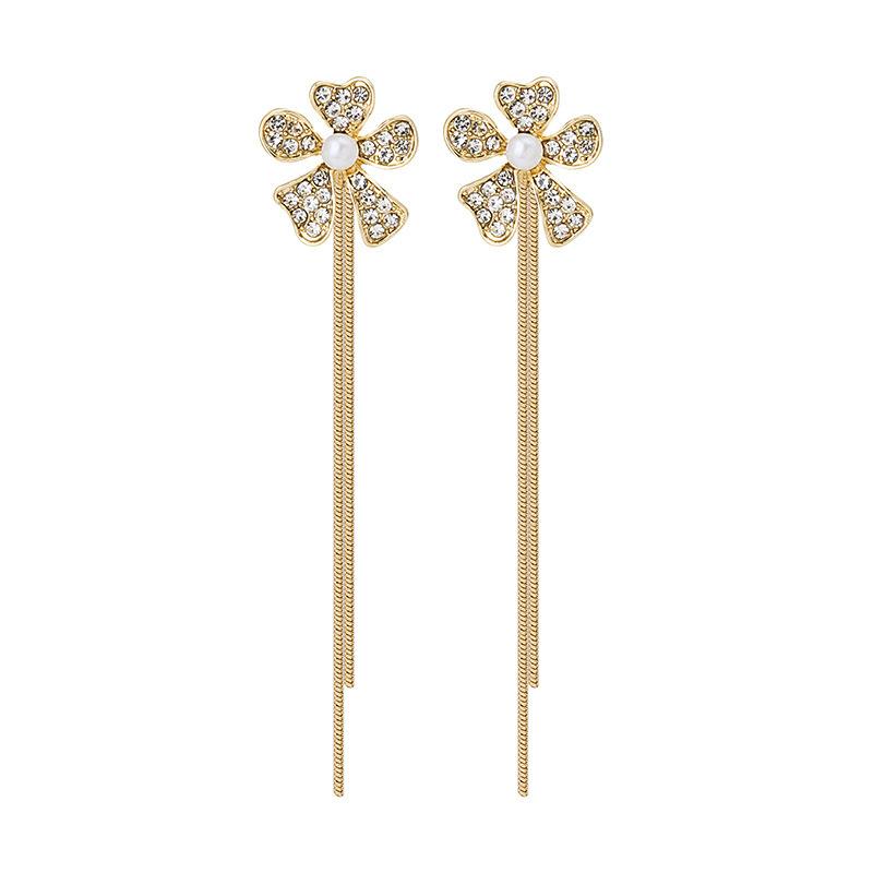 Tassel Earrings Diamond Butterfly Flower Pearl Stud Earrings Temperament Fashion Long Thin Earrings