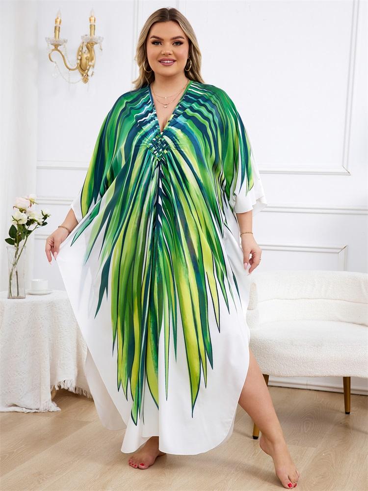 EDOLYNSA Oversize Women Kaftan Robe Outfit Bohemian Printed Vacation Chinese Knot V-neck House Bathing Suit Cover Up Q1588