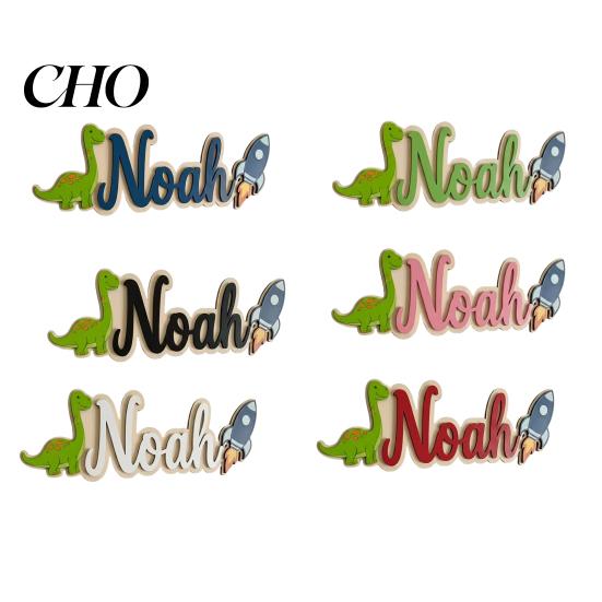 Dinosaur Door Sign Personalized Kids Name Rocket Wooden for Boys Fun Decor Custom Nursery Hanging Wall Bedroom Playroom Soft Color