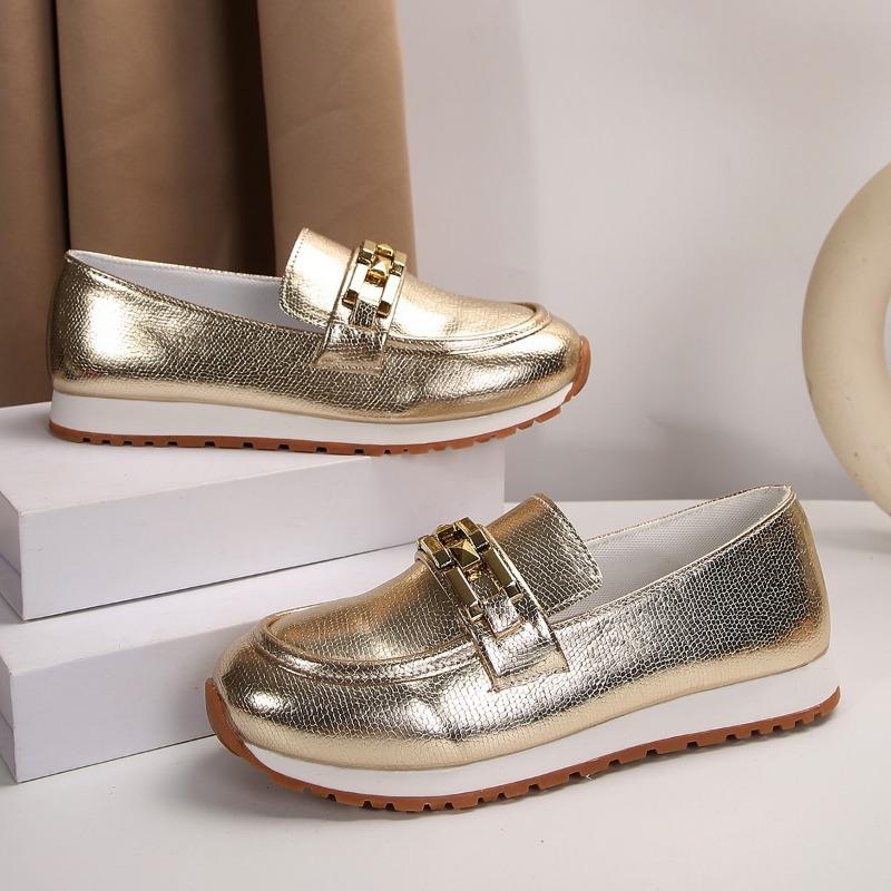 Модные осенние новые туфли на плоской подошве, женские модные туфли с круглым носком и металлической цепочкой, с мягкой подошвой, нескользящие, с низким верхом